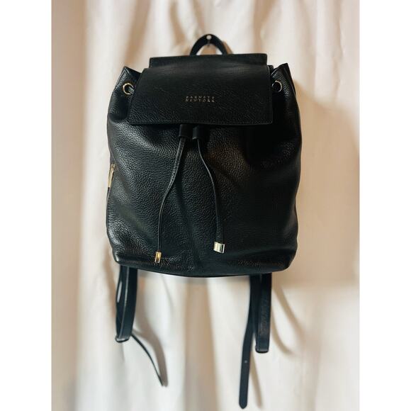 Barneys New York Black Leather Backpack Drawstring Flap Gold Hardware Lettering - Picture 4 of 16